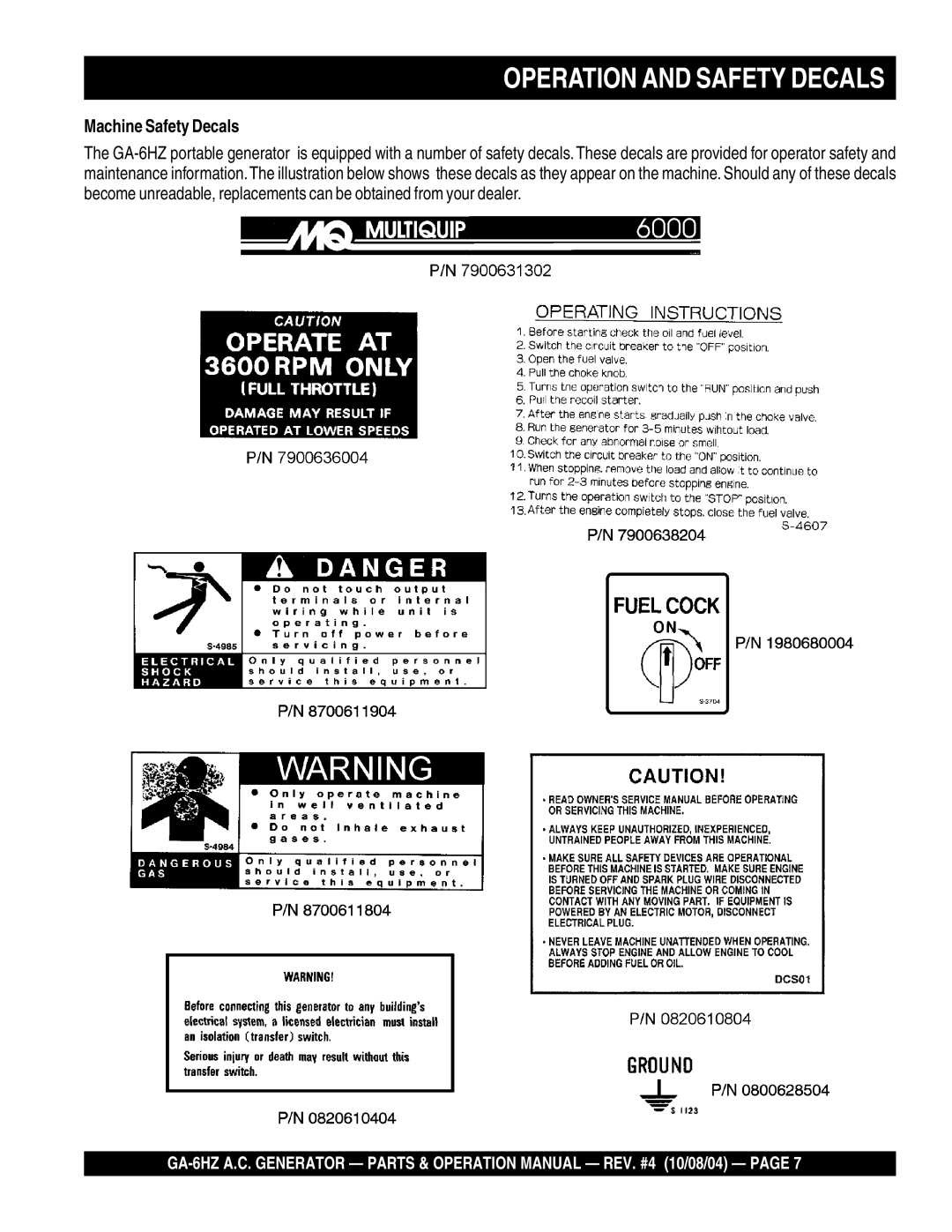 Multiquip GA-6HZ operation manual Operation and Safety Decals, Machine Safety Decals 