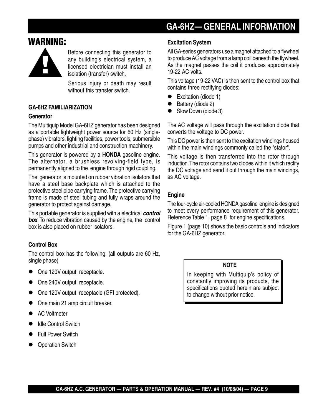 Multiquip operation manual GA-6HZ- General Information 