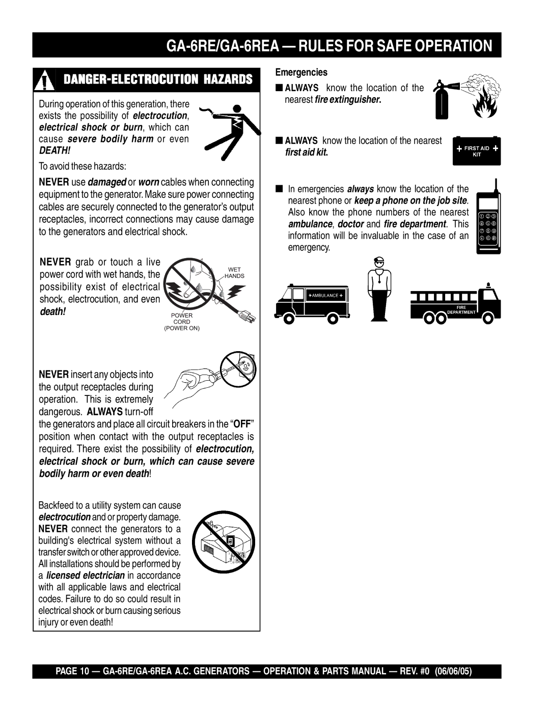 Multiquip GA-6REA manual Death, Emergencies 