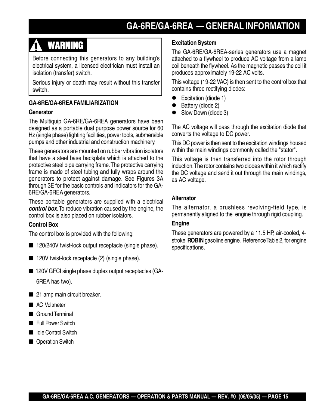 Multiquip manual GA-6RE/GA-6REA General Information 