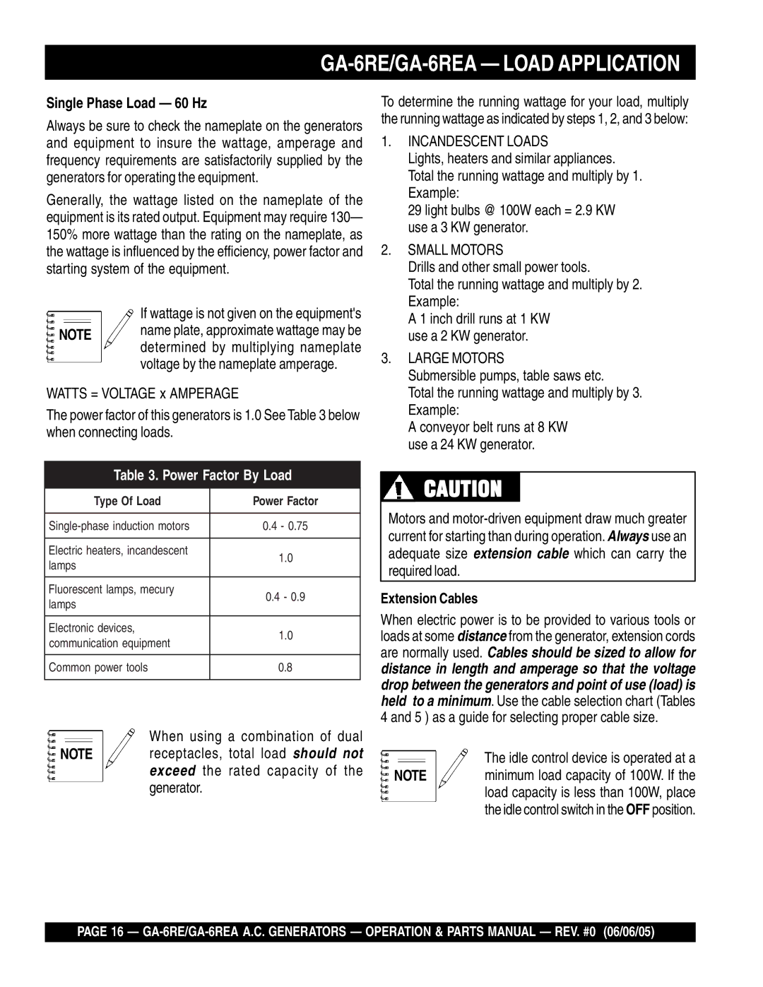 Multiquip GA-6REA manual Single Phase Load 60 Hz, Extension Cables 