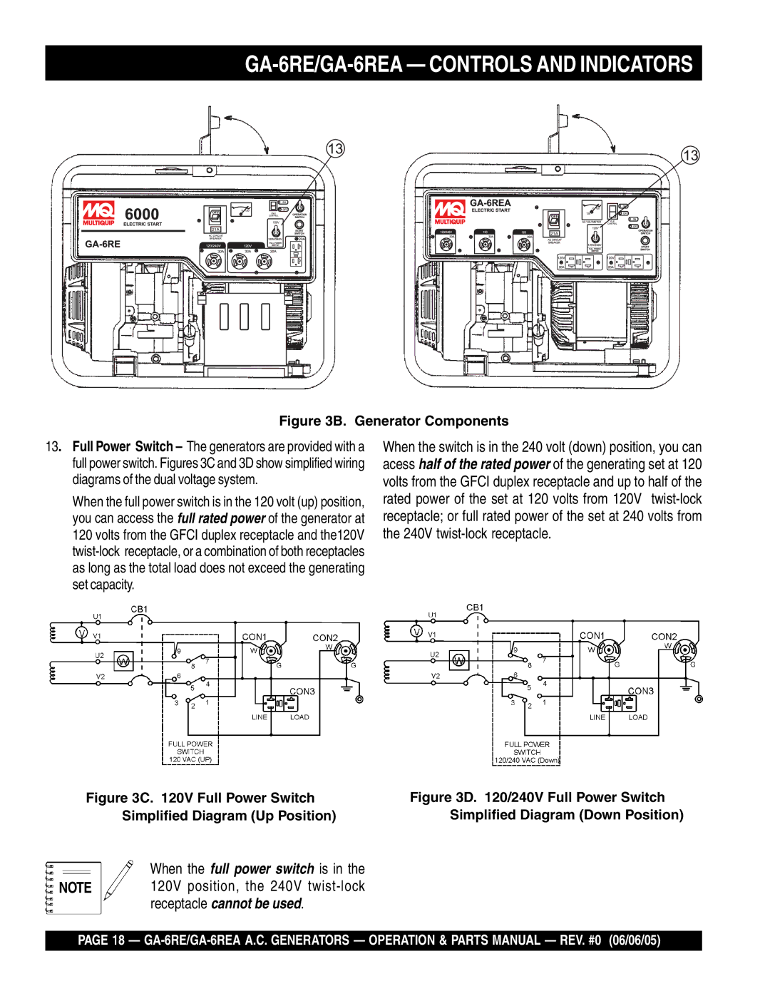 Multiquip manual GA-6RE/GA-6REA Controls and Indicators, V Full Power Switch Simplified Diagram Up Position 