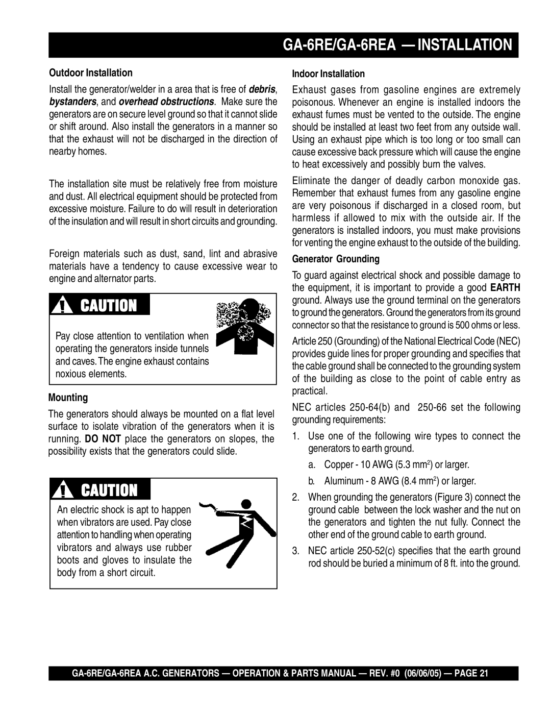 Multiquip manual GA-6RE/GA-6REA Installation, Outdoor Installation, Mounting, Indoor Installation, Generator Grounding 