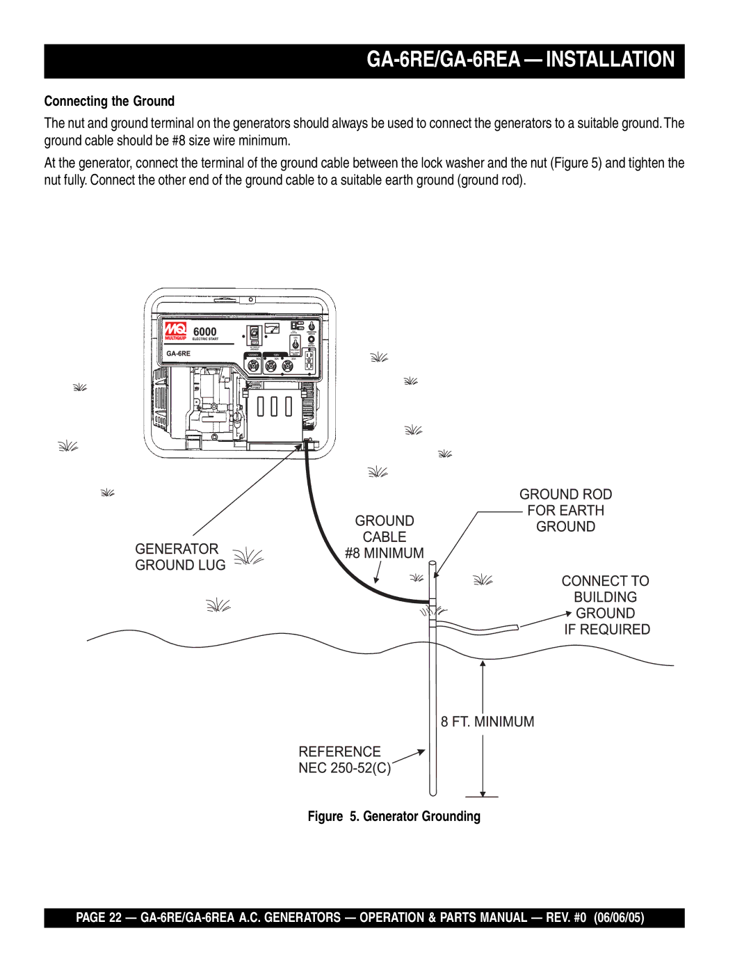 Multiquip manual GA-6RE/GA-6REA Installation, Connecting the Ground 