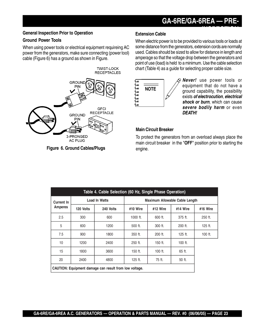 Multiquip manual GA-6RE/GA-6REA PRE, General Inspection Prior to Operation Ground Power Tools, Extension Cable 