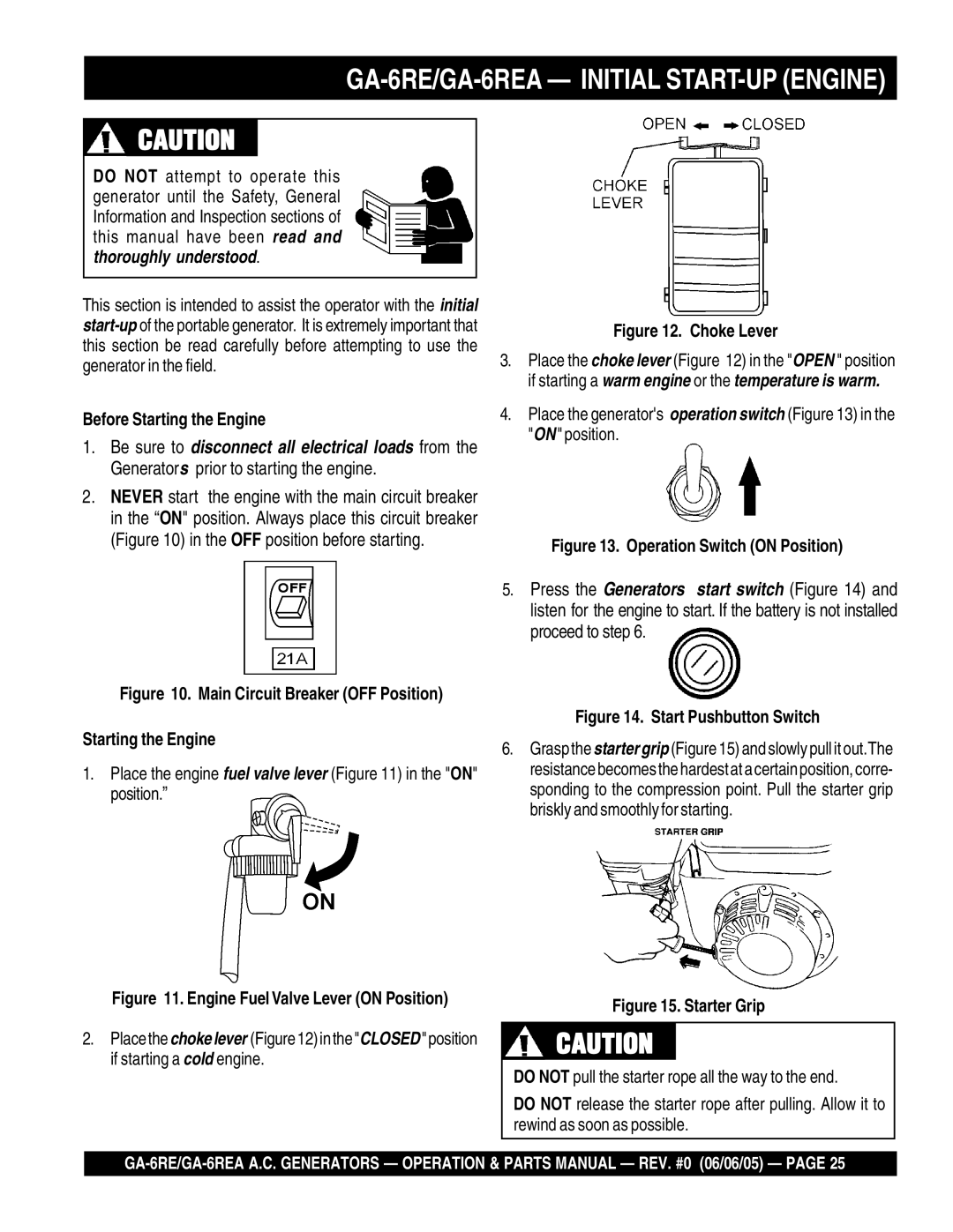 Multiquip manual GA-6RE/GA-6REA Initial START-UP Engine, Before Starting the Engine 