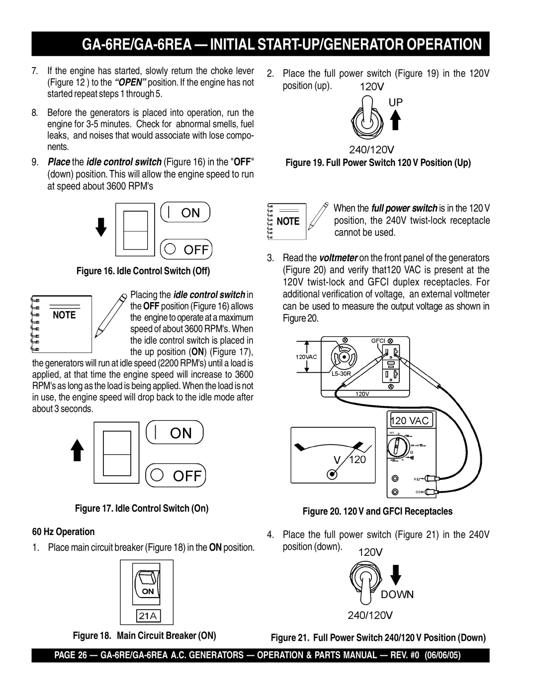 Multiquip manual GA-6RE/GA-6REA Initial START-UP/GENERATOR Operation, Idle Control Switch Off 