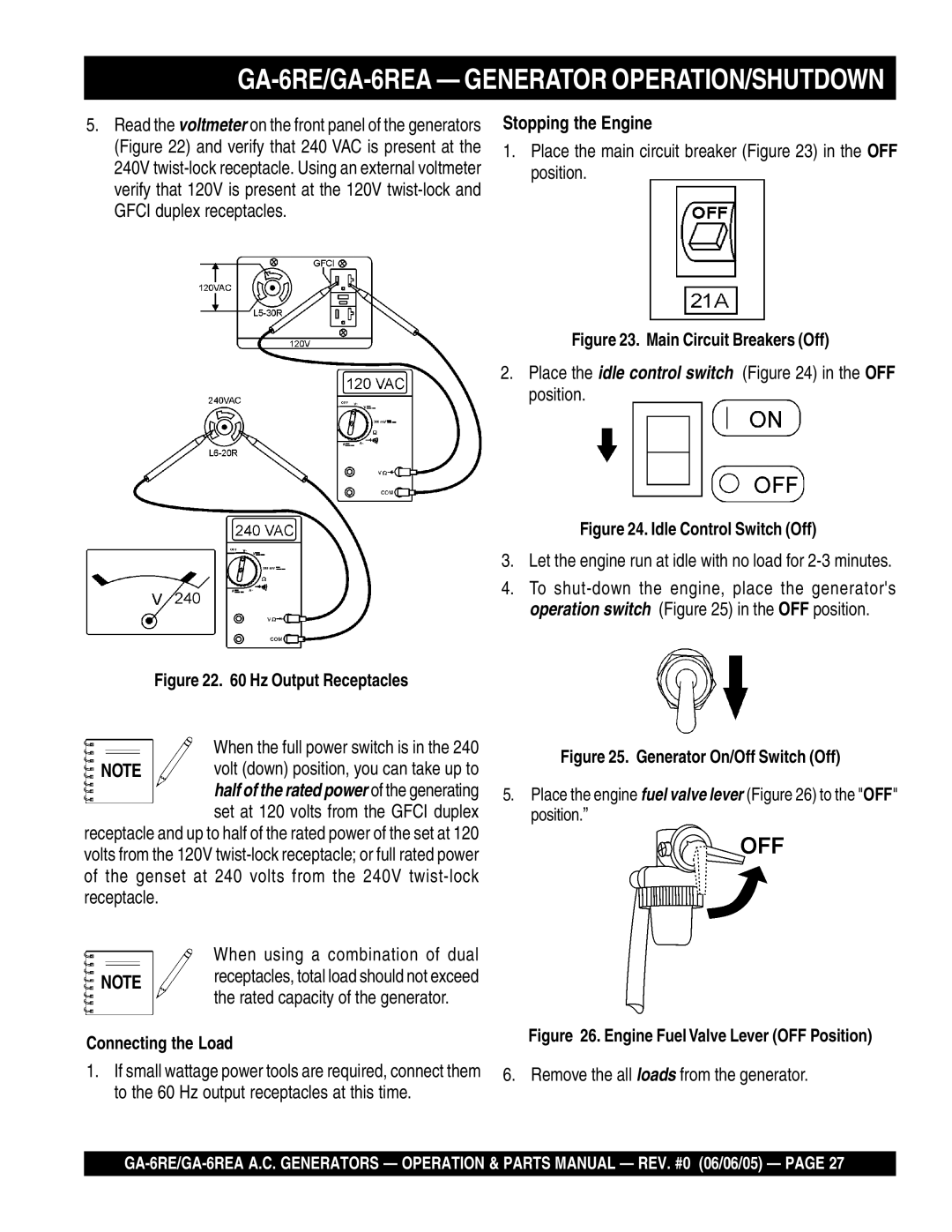 Multiquip manual GA-6RE/GA-6REA Generator OPERATION/SHUTDOWN, Stopping the Engine, Connecting the Load 