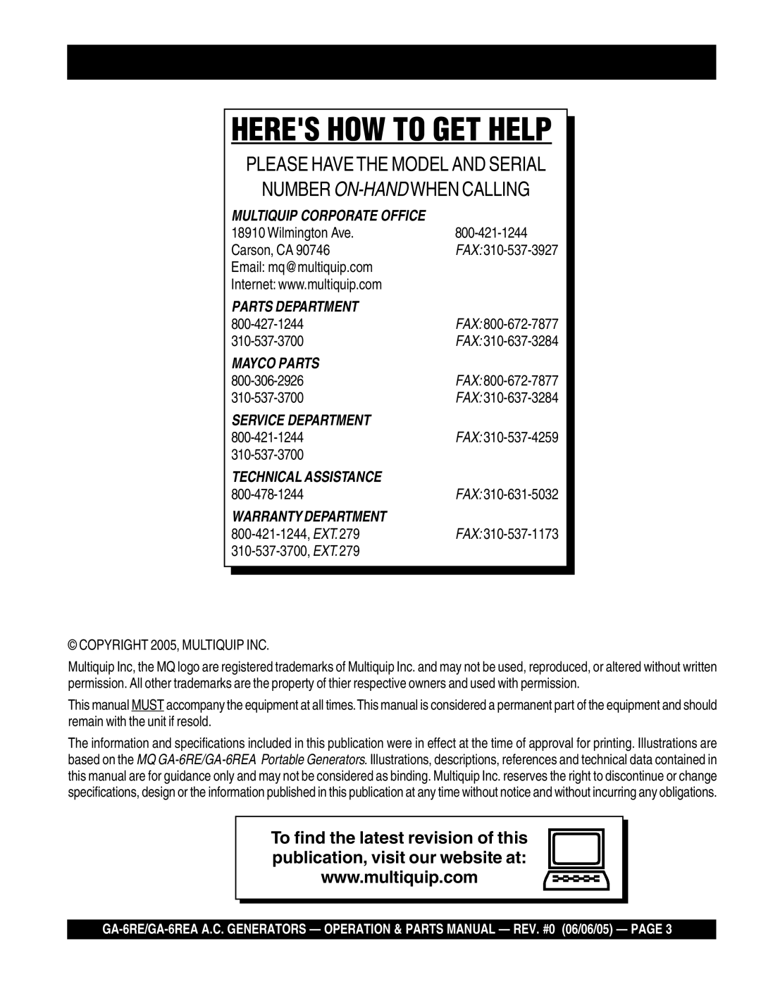 Multiquip GA-6REA manual Heres HOW to GET Help 