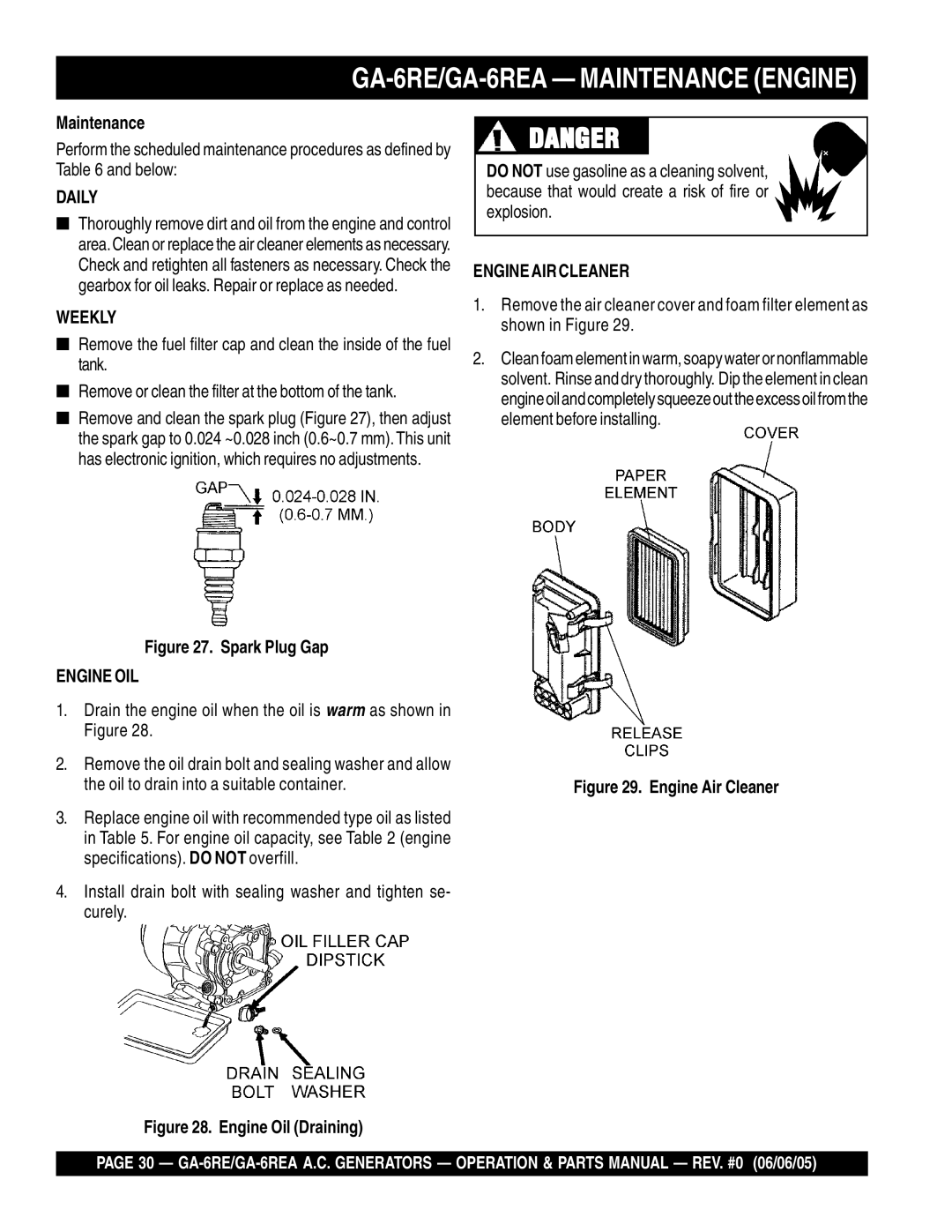 Multiquip GA-6REA manual Spark Plug Gap, Engine Air Cleaner 