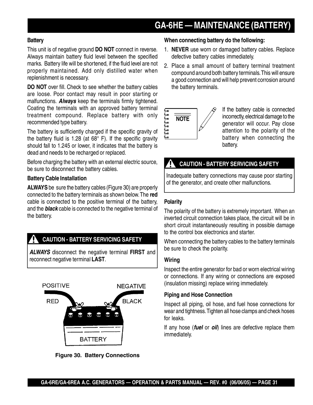 Multiquip GA-6REA manual GA-6HE Maintenance Battery 