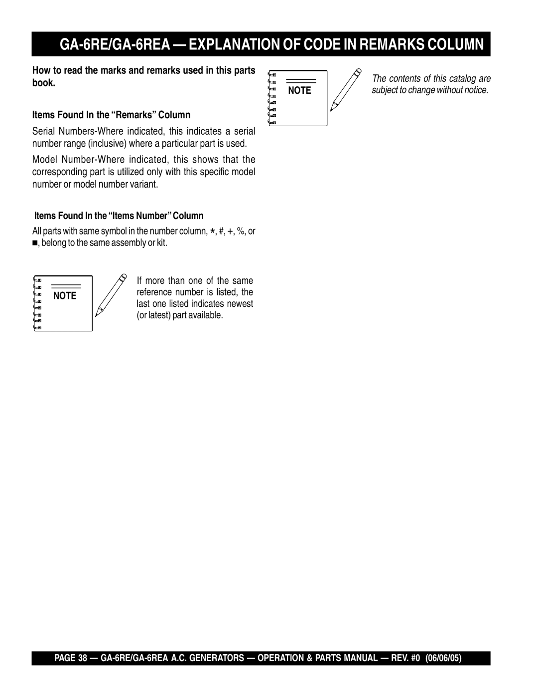 Multiquip GA-6RE/GA-6REA Explanation of Code in Remarks Column, How to read the marks and remarks used in this parts 