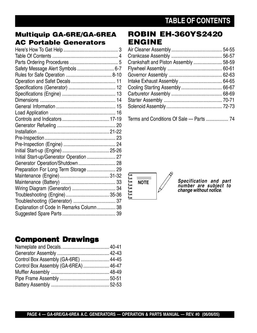 Multiquip GA-6REA manual Table of Contents 