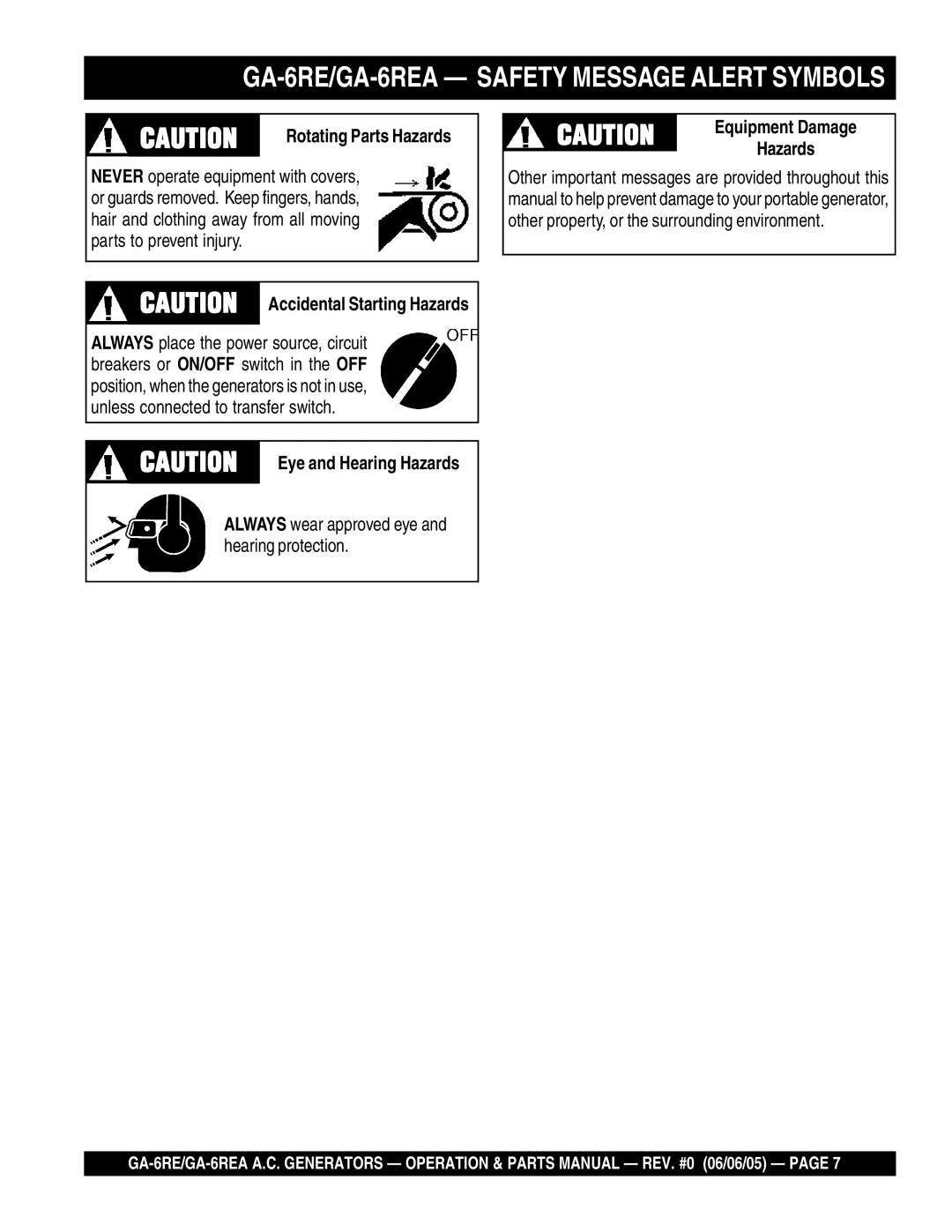 Multiquip manual GA-6RE/GA-6REA Safety Message Alert Symbols, Equipment Damage, Rotating Parts Hazards 