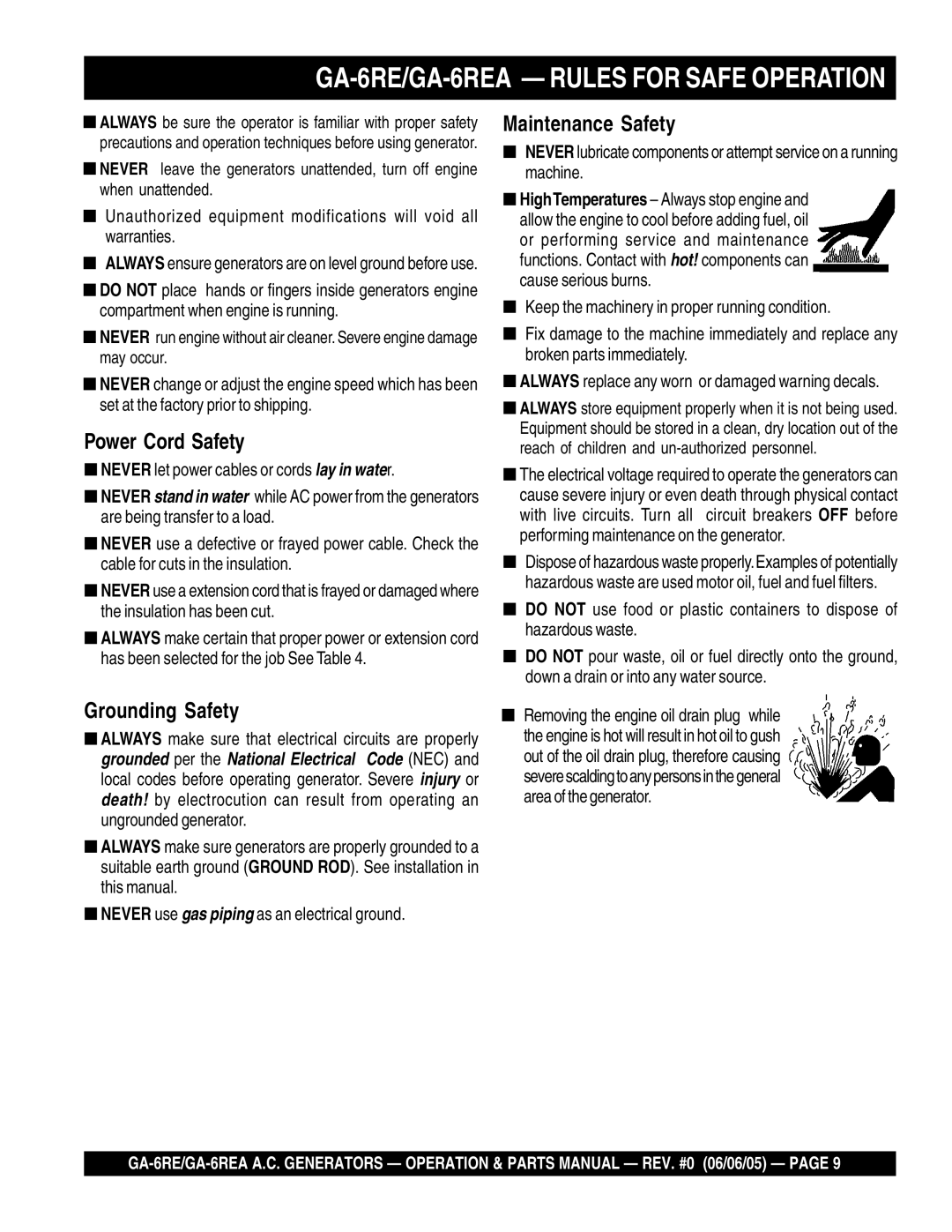 Multiquip manual GA-6RE/GA-6REA Rules for Safe Operation, Power Cord Safety 