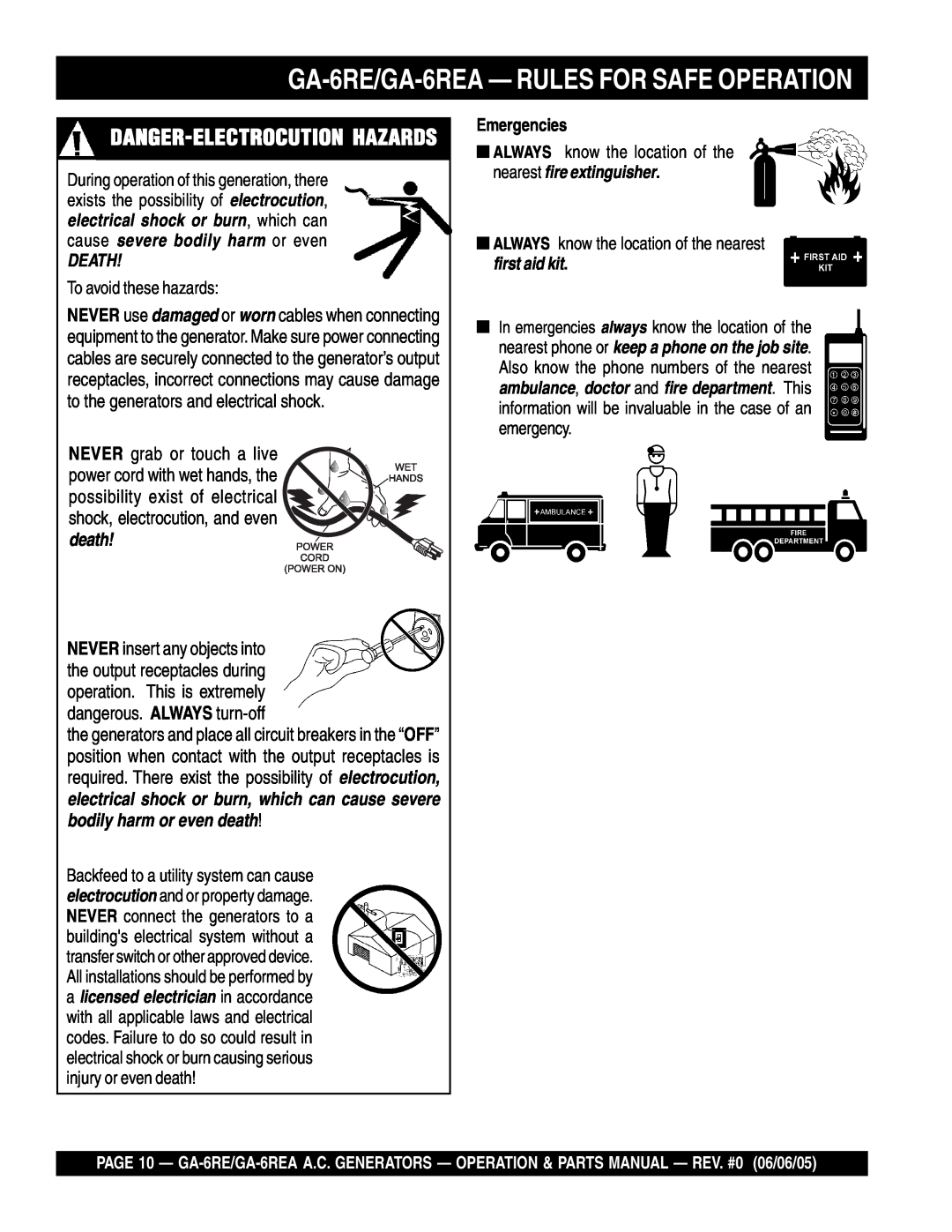Multiquip manual GA-6RE/GA-6REA- RULES FOR SAFE OPERATION, Danger-Electrocutionhazards, Death, Emergencies 