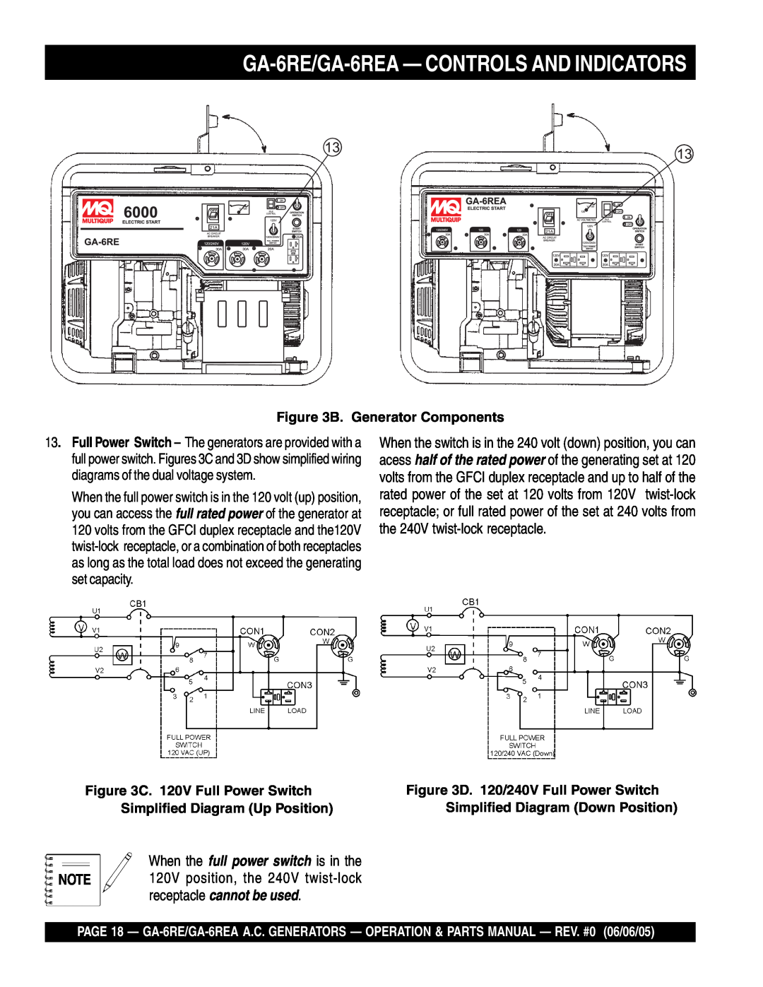 Multiquip manual GA-6RE/GA-6REA- CONTROLS AND INDICATORS, When the full power switch is in the, B. Generator Components 