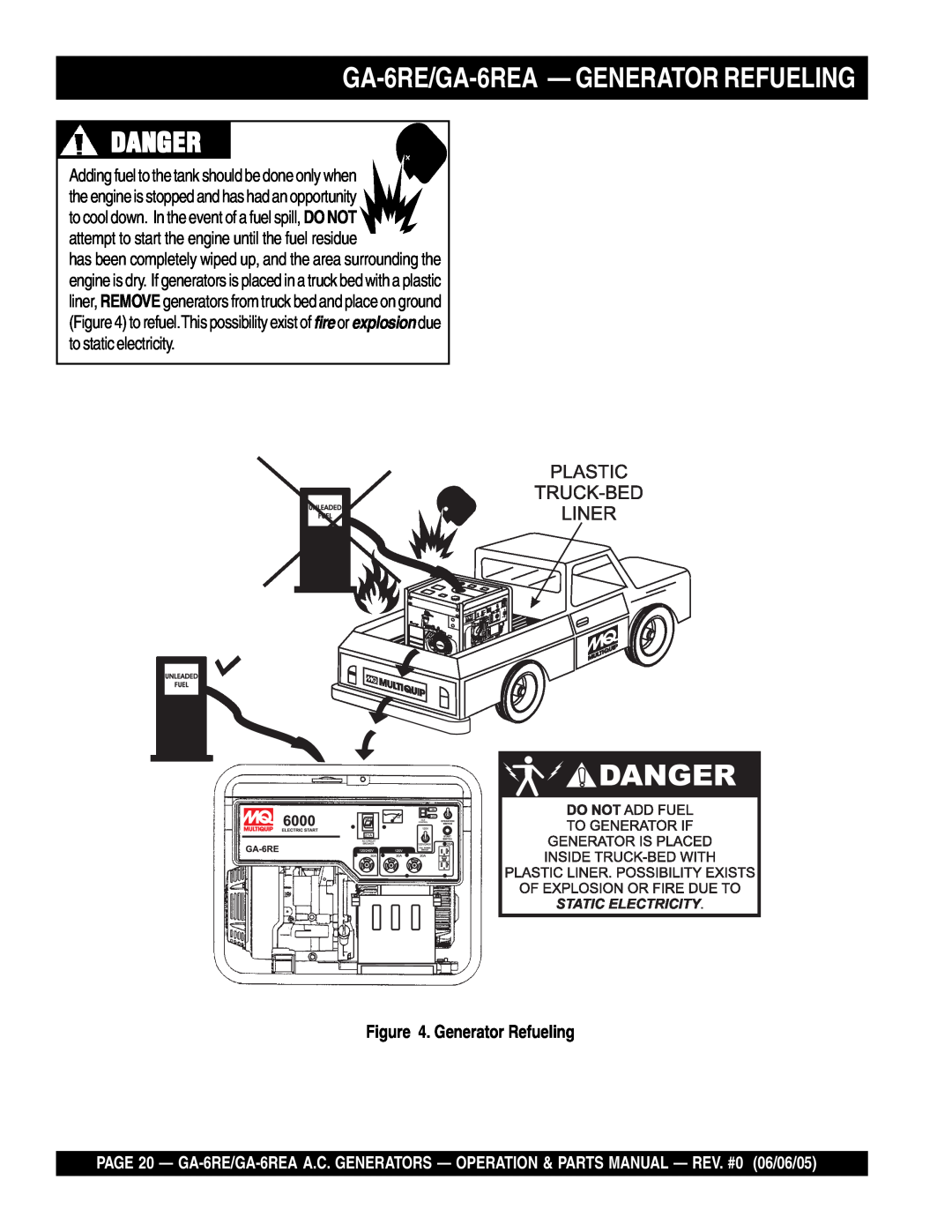 Multiquip manual GA-6RE/GA-6REA- GENERATOR REFUELING, Danger, Generator Refueling 