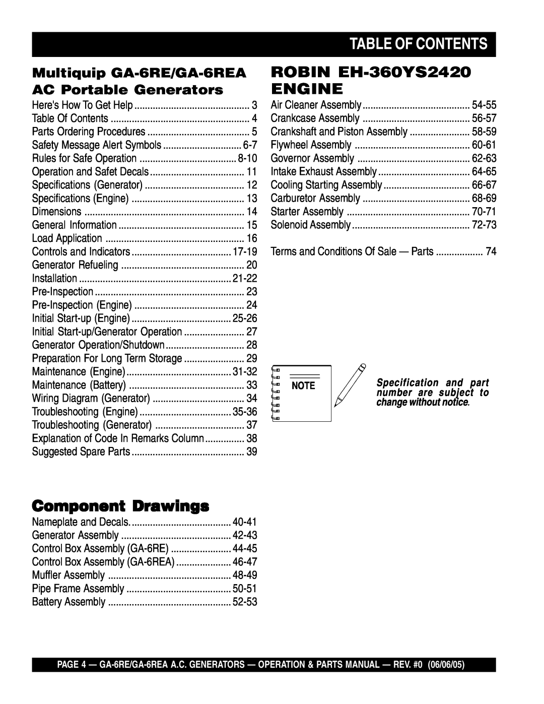 Multiquip manual Table Of Contents, ROBIN EH-360YS2420 ENGINE, Component Drawings, Multiquip GA-6RE/GA-6REA 
