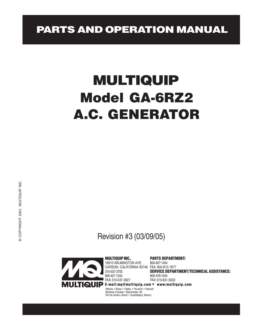 Multiquip GA-6RZ2 operation manual Multiquip 