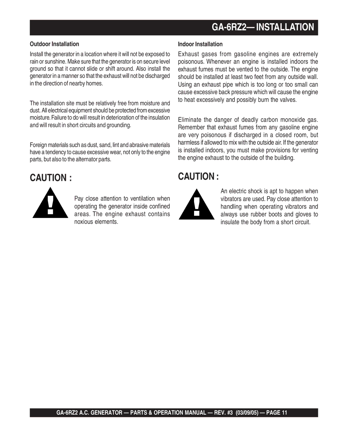 Multiquip GA-6RZ2 operation manual Outdoor Installation, Indoor Installation 