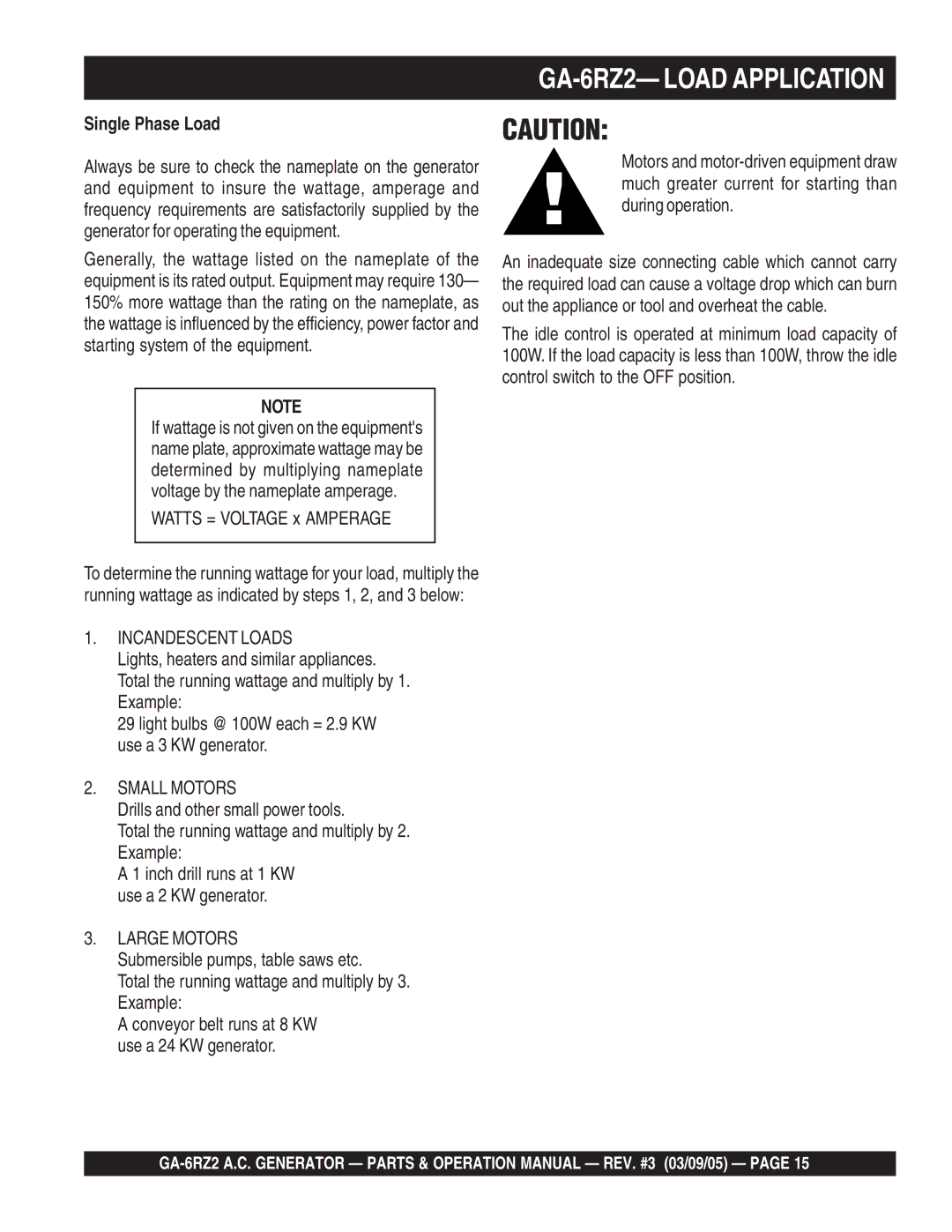 Multiquip GA-6RZ2 operation manual Single Phase Load, Watts = Voltage x Amperage 