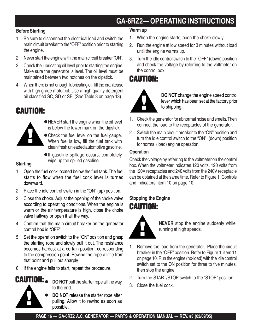 Multiquip GA-6RZ2 operation manual Before Starting, Warm up, Operation Starting, Stopping the Engine 