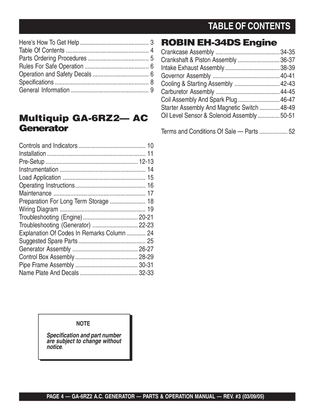 Multiquip GA-6RZ2 operation manual Table of Contents 