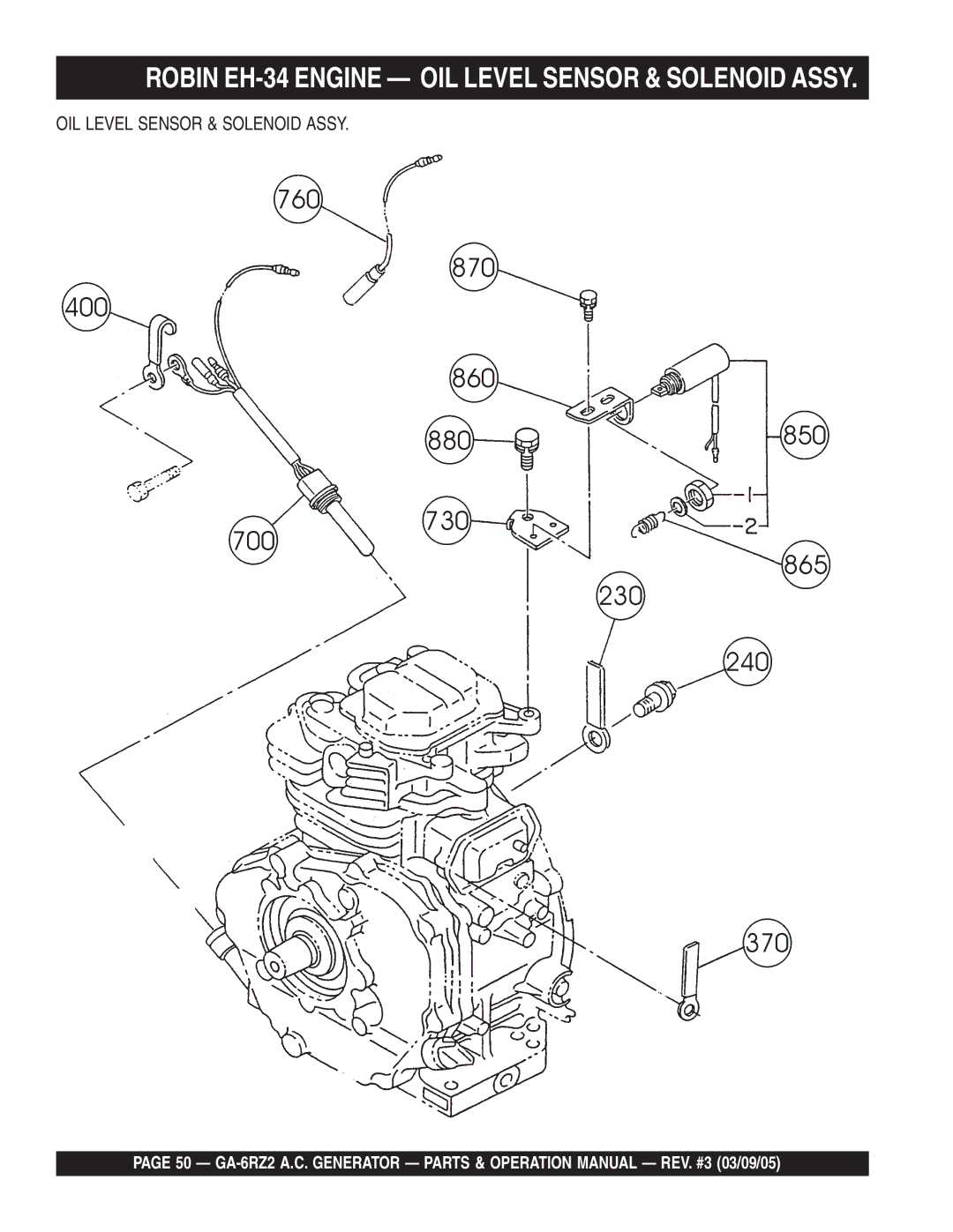 Multiquip GA-6RZ2 operation manual Robin EH-34 Engine OIL Level Sensor & Solenoid Assy 