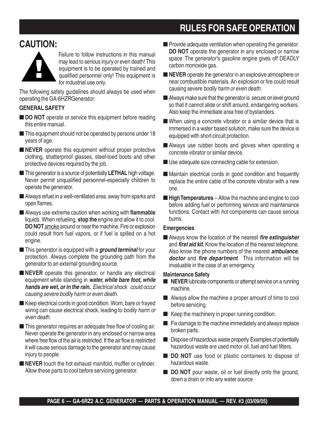 Multiquip GA-6RZ2 operation manual Rules for Safe Operation, Emergencies, Maintenance Safety 