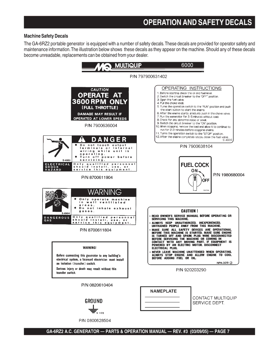 Multiquip GA-6RZ2 operation manual Operation and Safety Decals, Machine Safety Decals 