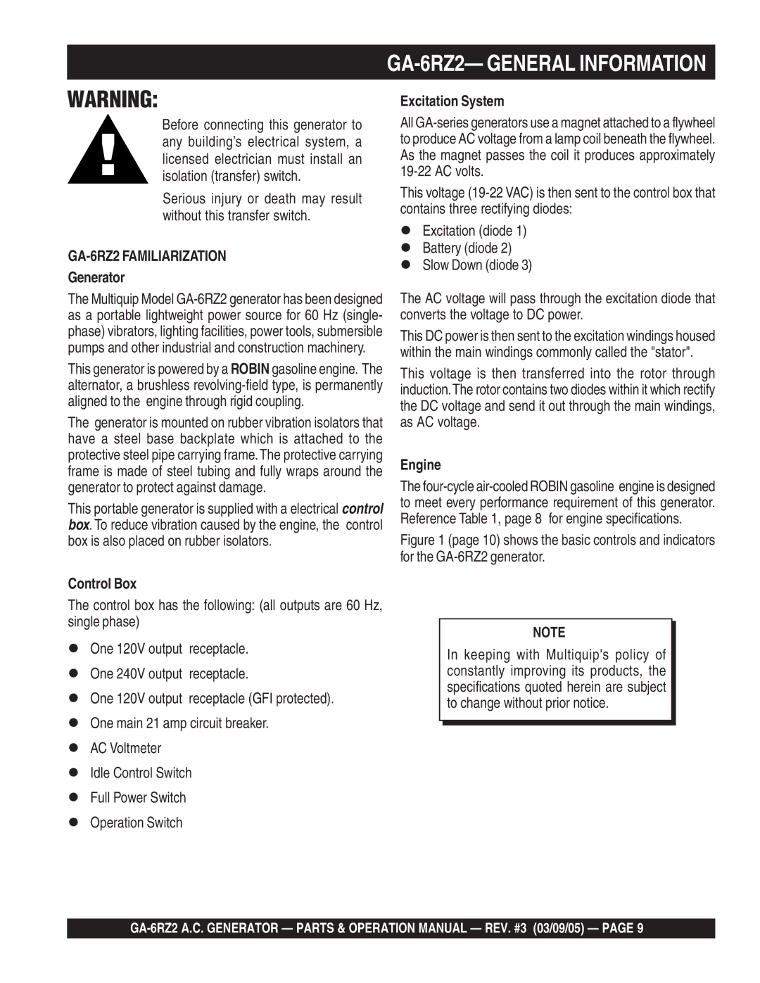 Multiquip operation manual GA-6RZ2- General Information, Generator, Control Box, Engine 