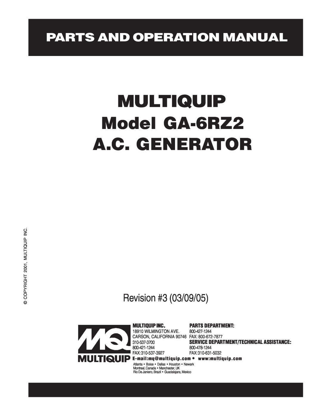 Multiquip operation manual MULTIQUIP Model GA-6RZ2 A.C. GENERATOR, Revision #3 03/09/05, Multiquip Inc, Wilmington Ave 
