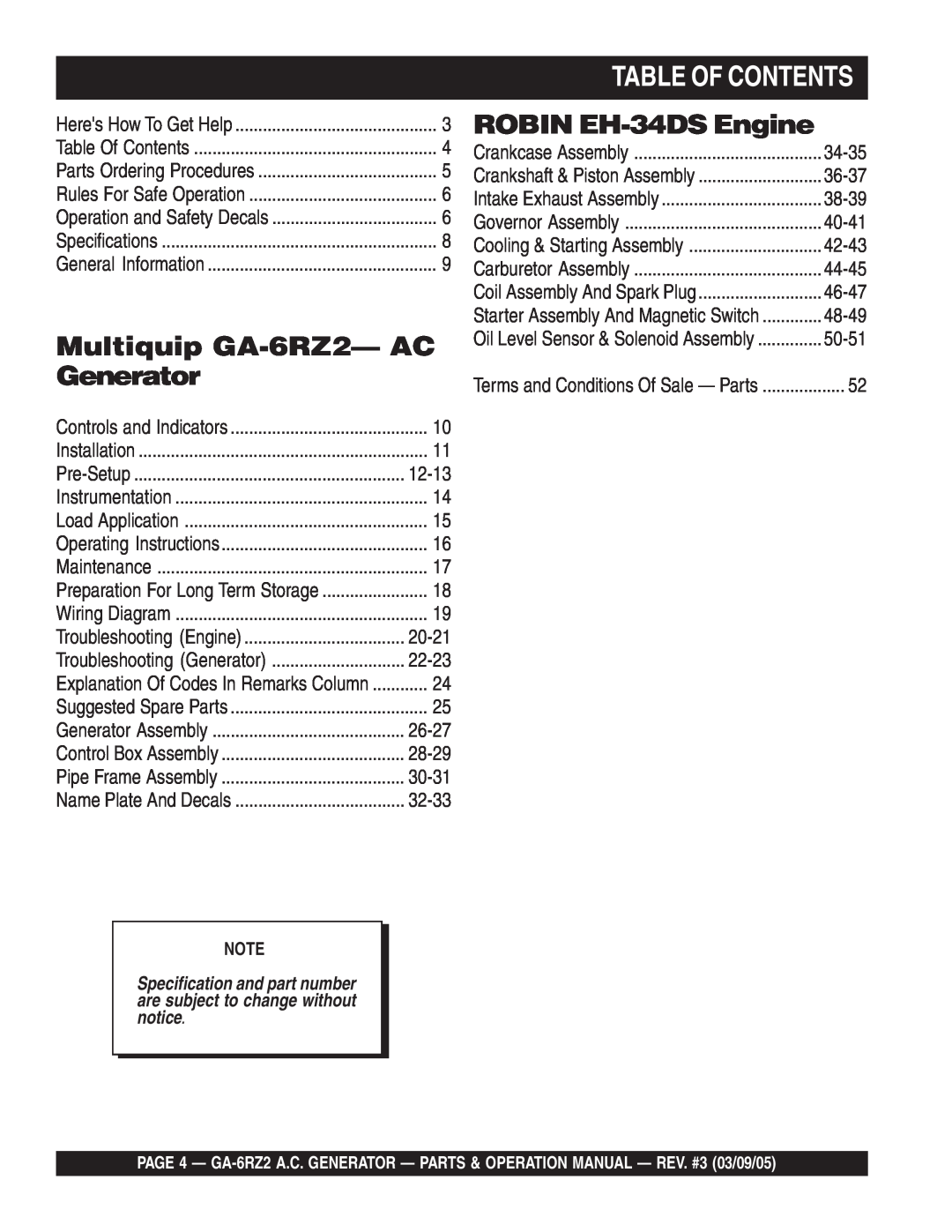 Multiquip operation manual Table Of Contents, Multiquip GA-6RZ2-AC Generator, ROBIN EH-34DSEngine 