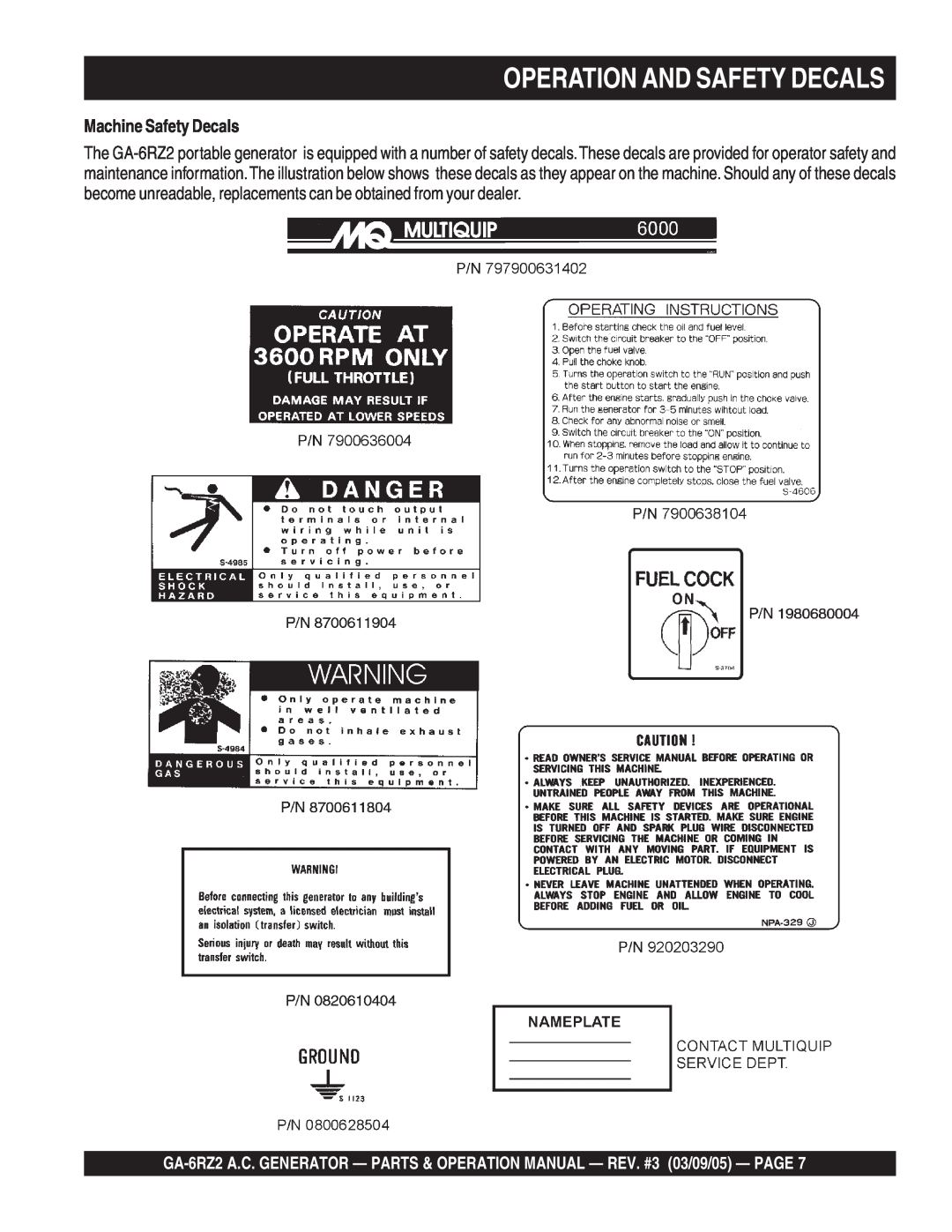 Multiquip GA-6RZ2 operation manual Operation And Safety Decals, Machine Safety Decals 