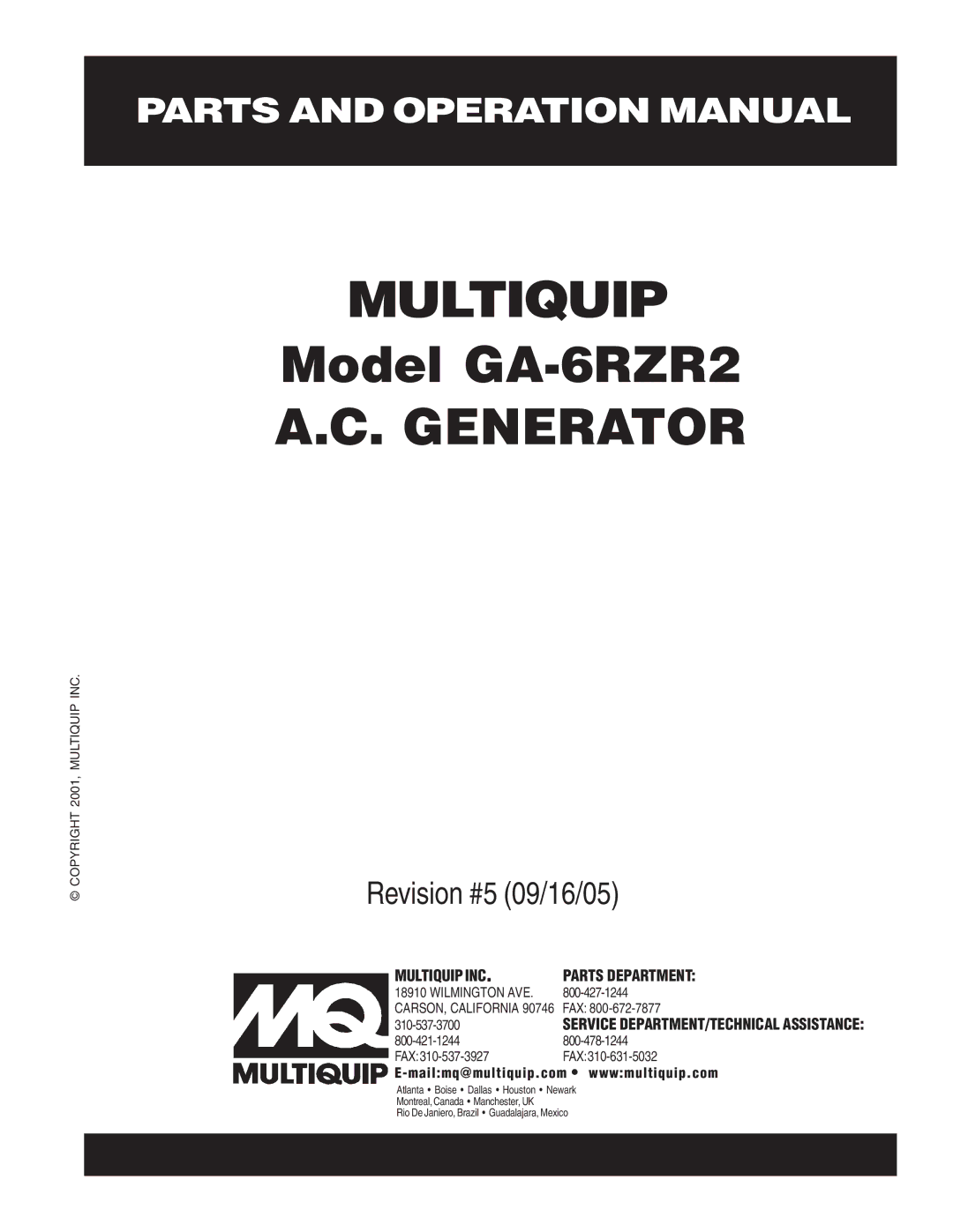 Multiquip GA-6RZR2 operation manual Multiquip 