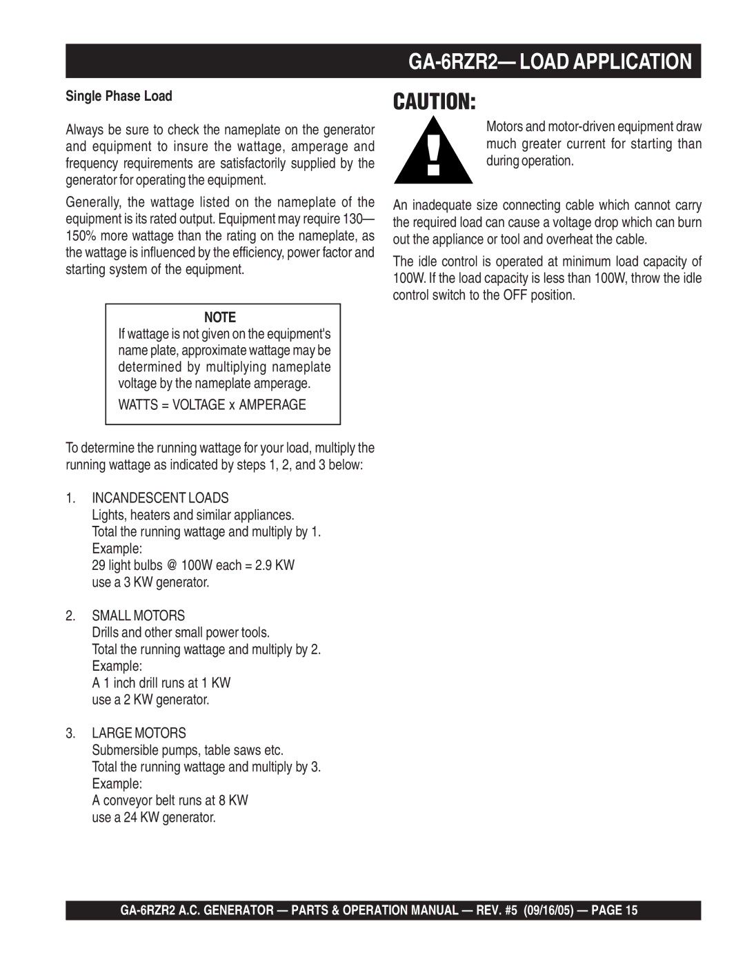 Multiquip GA-6RZR2 operation manual Single Phase Load, Watts = Voltage x Amperage 