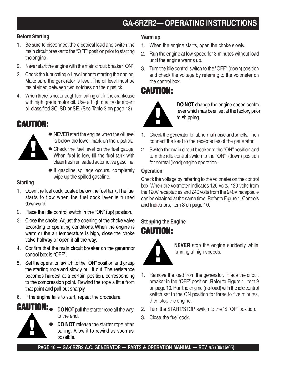 Multiquip GA-6RZR2 operation manual Before Starting, Warm up, Operation, Stopping the Engine 