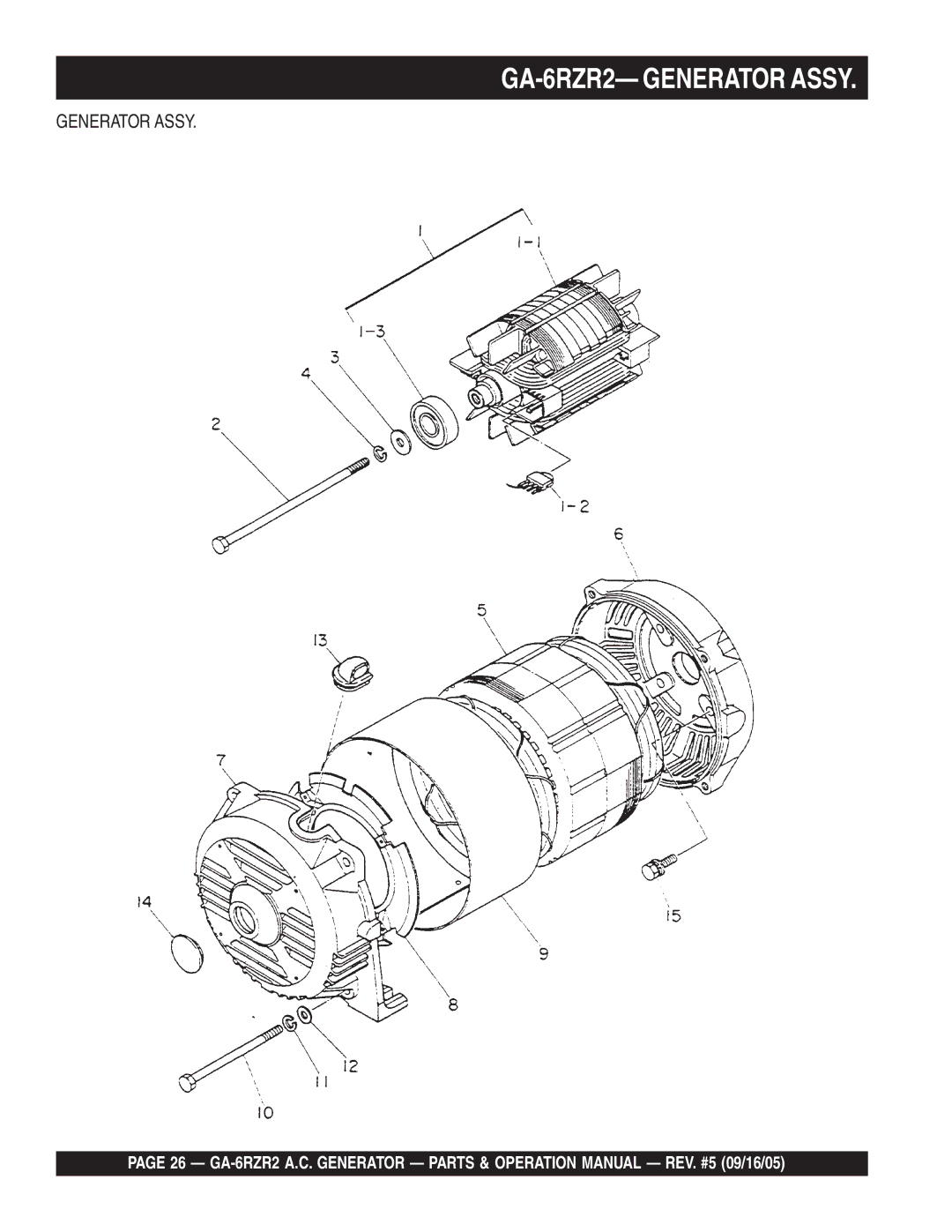 Multiquip operation manual GA-6RZR2- Generator Assy 