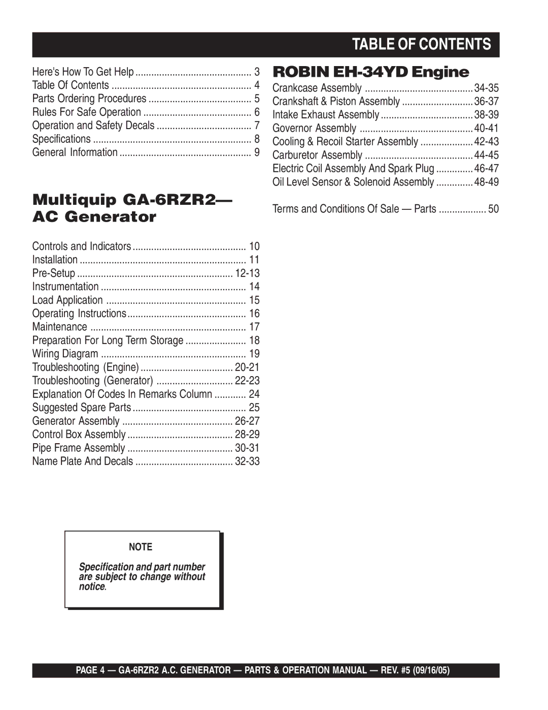 Multiquip GA-6RZR2 operation manual Table of Contents 