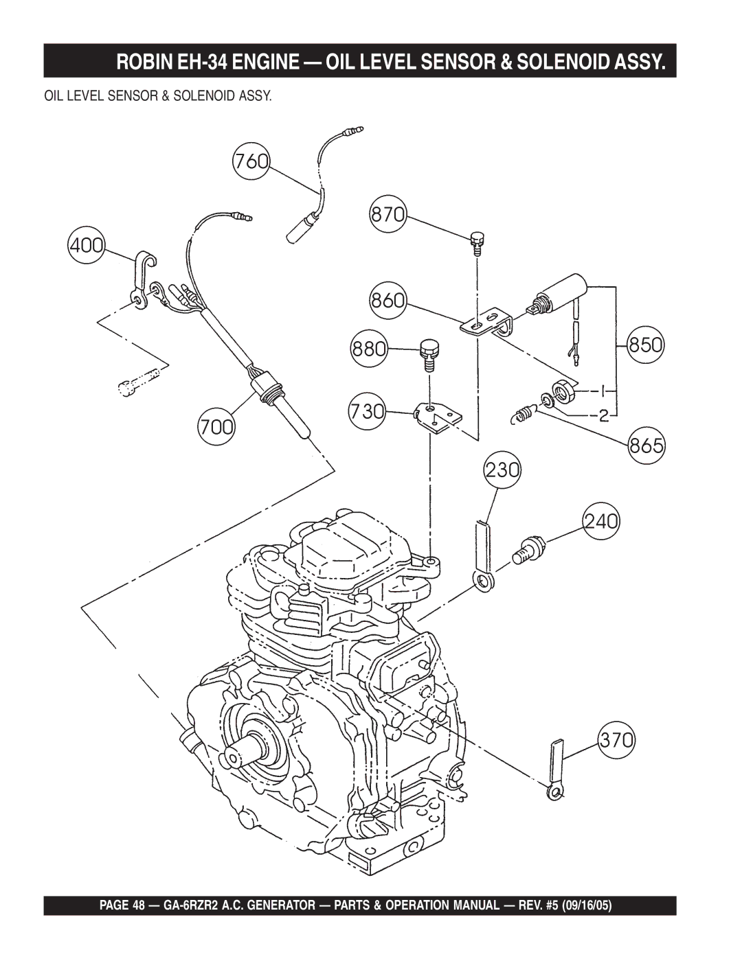 Multiquip GA-6RZR2 operation manual Robin EH-34 Engine OIL Level Sensor & Solenoid Assy 