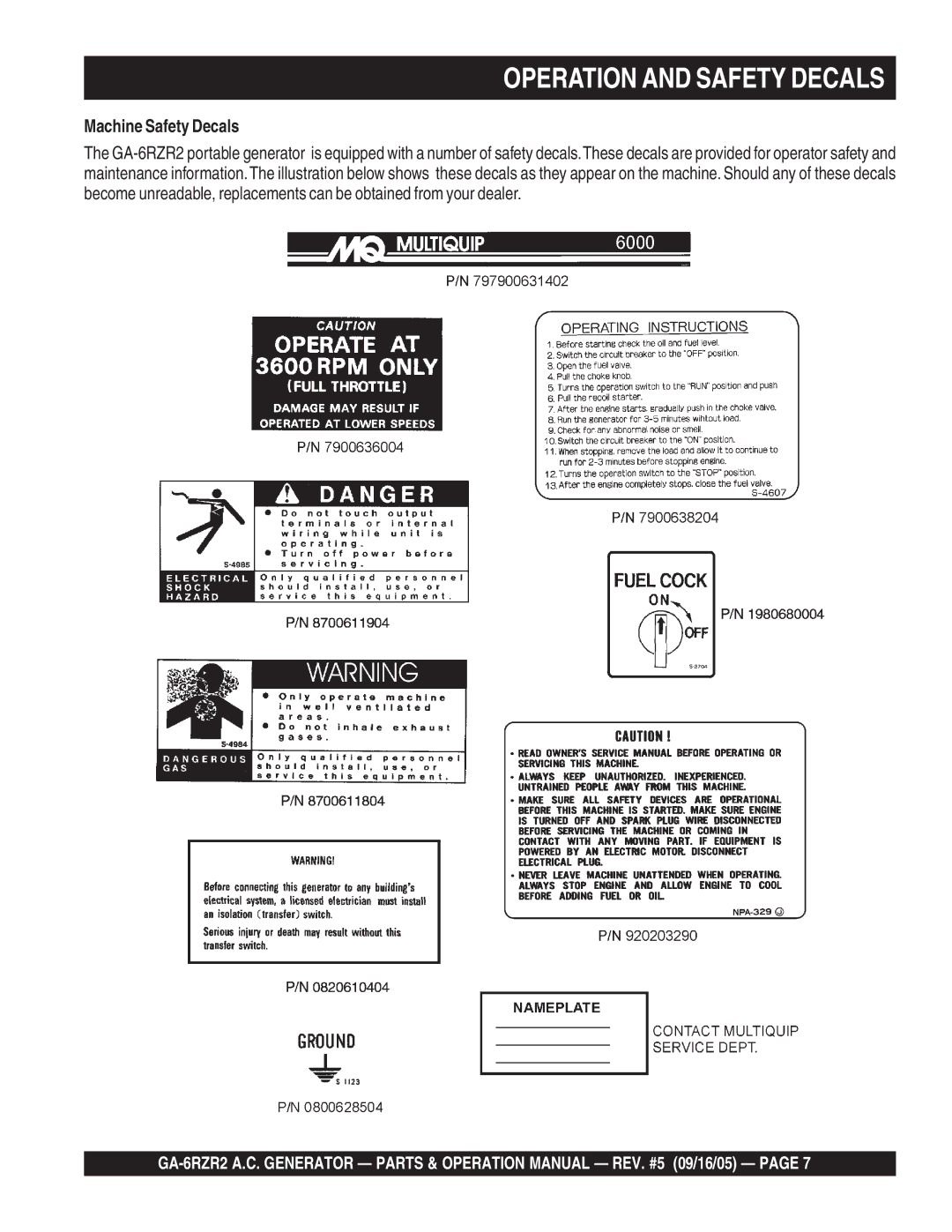 Multiquip GA-6RZR2 operation manual Operation and Safety Decals, Machine Safety Decals 