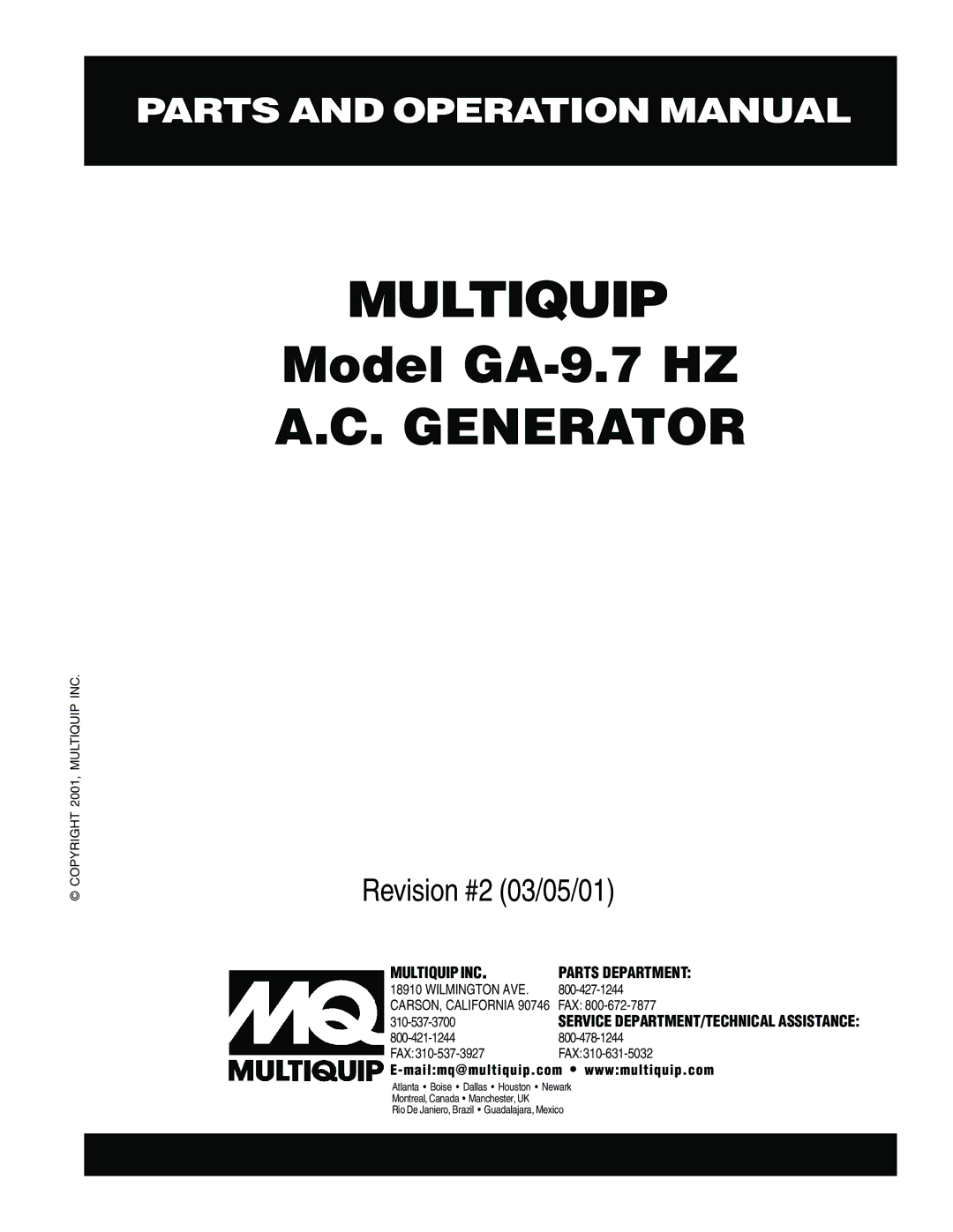 Multiquip GA-9.7 HZ operation manual Multiquip 