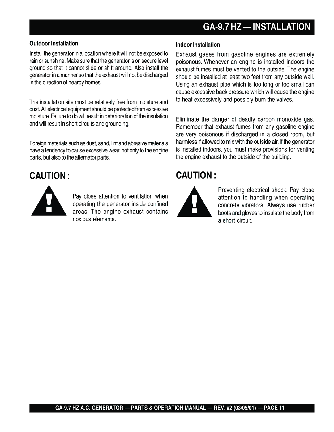 Multiquip operation manual GA-9.7 HZ Installation 