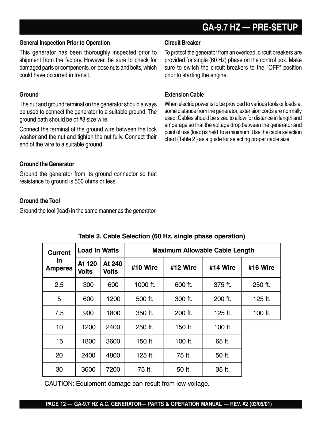 Multiquip operation manual GA-9.7 HZ PRE-SETUP, Ground the Generator, Ground the Tool, Volts 