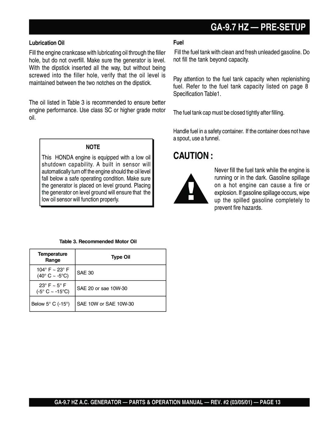 Multiquip GA-9.7 HZ operation manual Fuel 