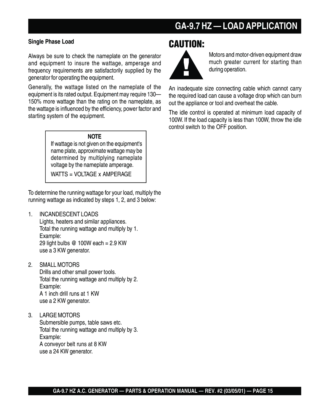 Multiquip GA-9.7 HZ operation manual Single Phase Load, Watts = Voltage x Amperage 