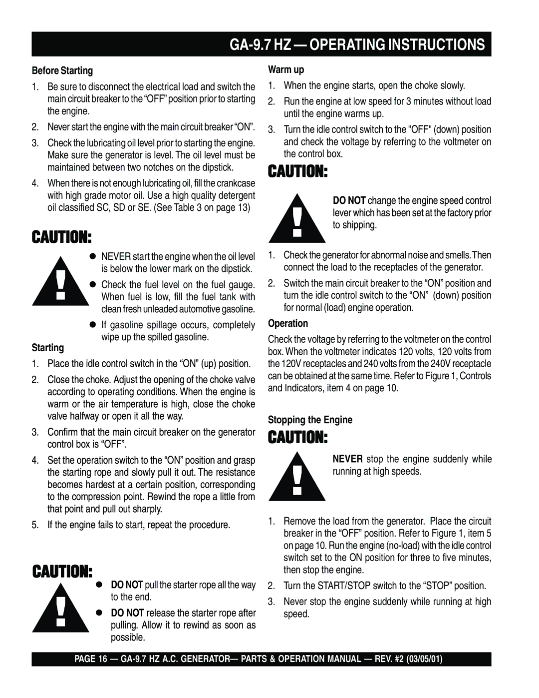 Multiquip GA-9.7 HZ operation manual Before Starting, Warm up, Operation, Stopping the Engine 