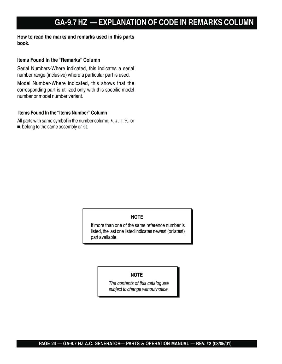 Multiquip operation manual GA-9.7 HZ Explanation of Code in Remarks Column, Items Found In the Items Number Column 