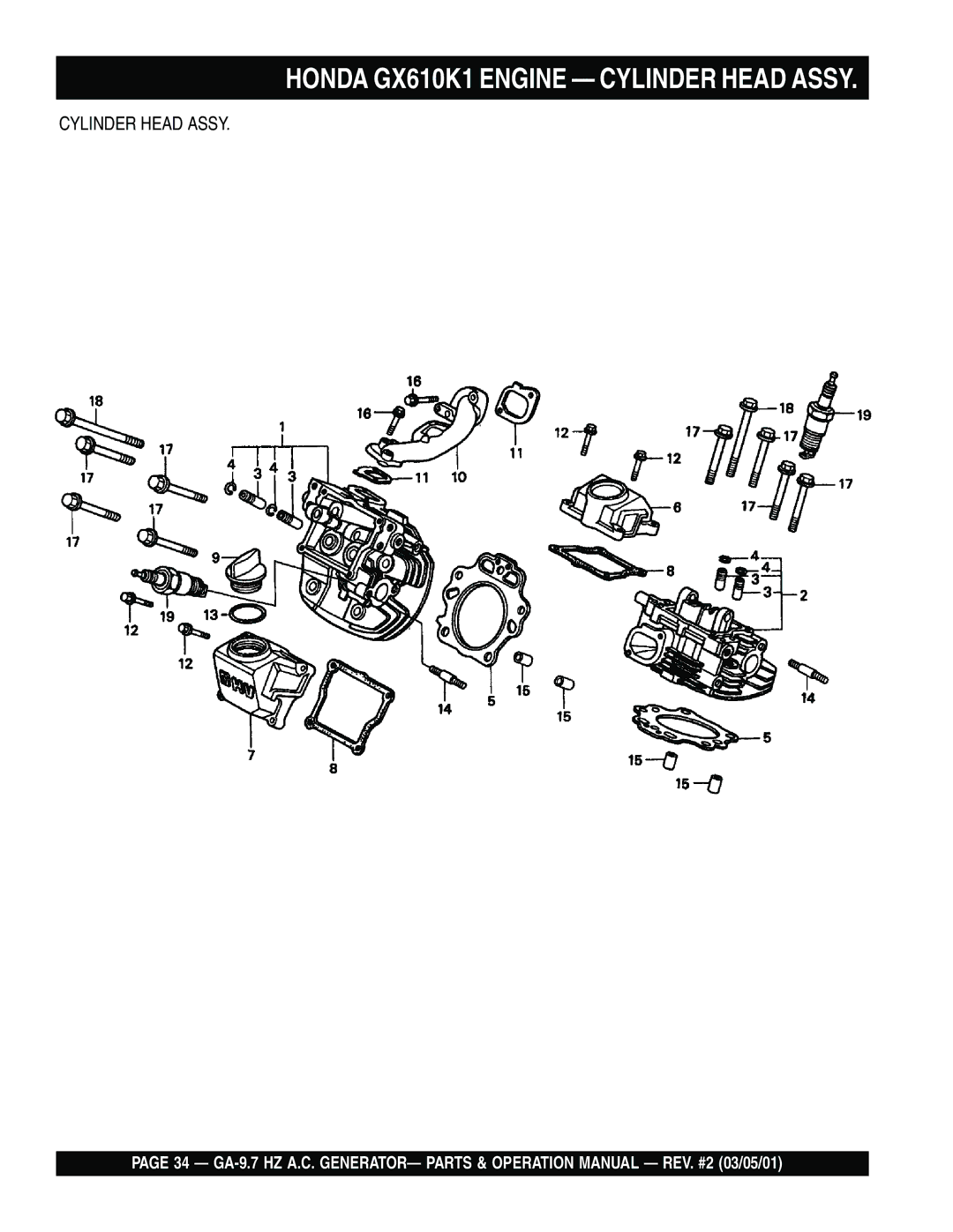 Multiquip GA-9.7 HZ operation manual Honda GX610K1 Engine Cylinder Head Assy 